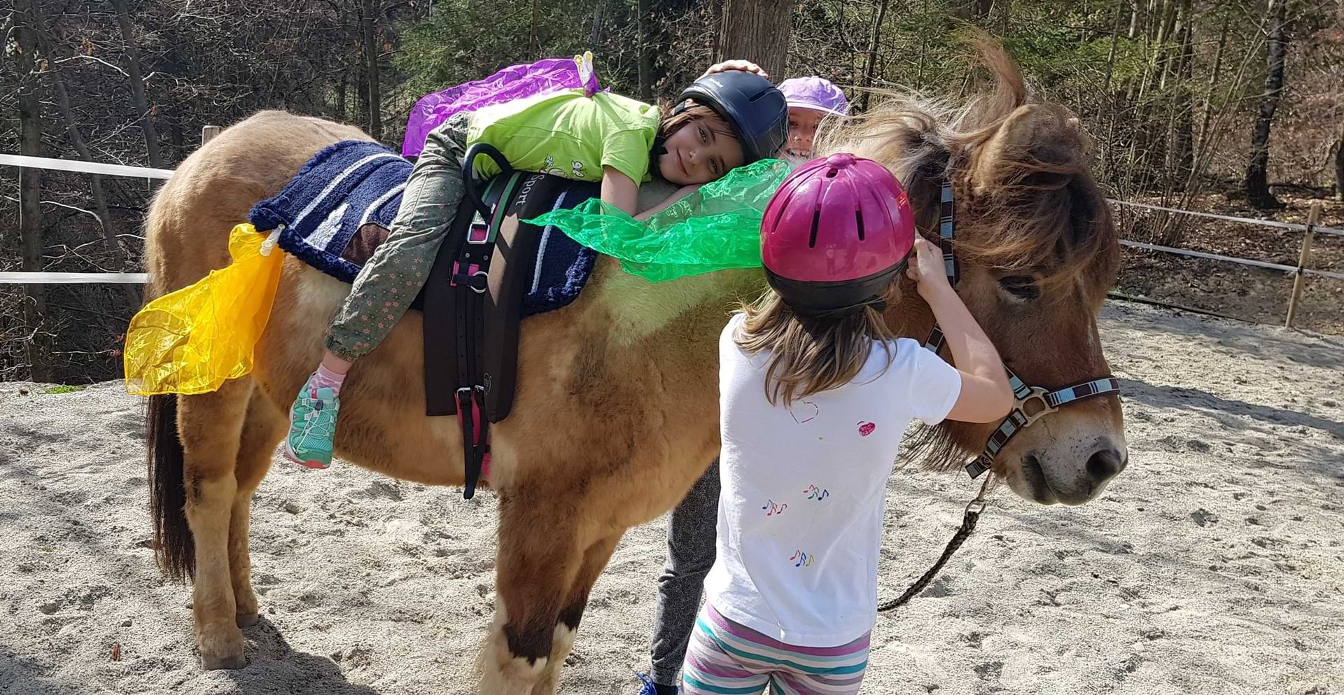 drei Kinder streicheln ein Pferd